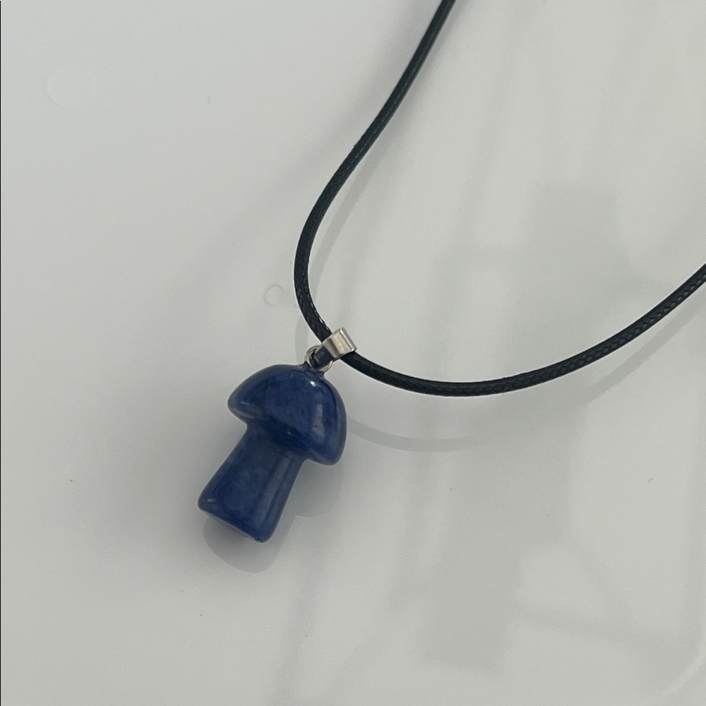 Blue Mushroom Sodalite Pendant Necklace Corded Bohemian Crystal Jewelry